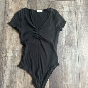 Altar'd State Black Ruched V-Neck Bodysuit